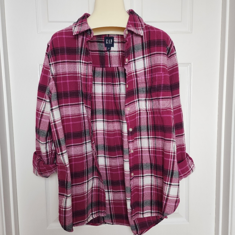 GAP Pink Plaid Button-Up Fannel Shirt, Size M, Grunge, Casual, Streetwear, Cozy